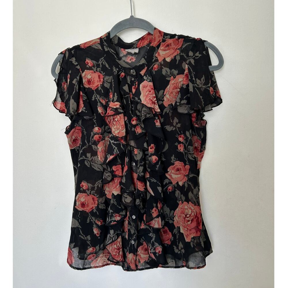 Dark Floral Ruffle Front Blouse